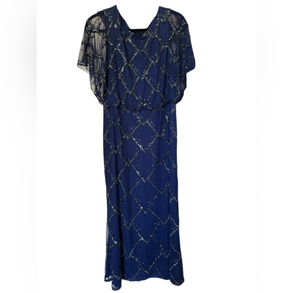 Adrianna Papell HAND-BEADED BLOUSON LONG GOWN WITH FLUTTER SLEEVES IN LIGHT NAVY - Picture 4 of 16